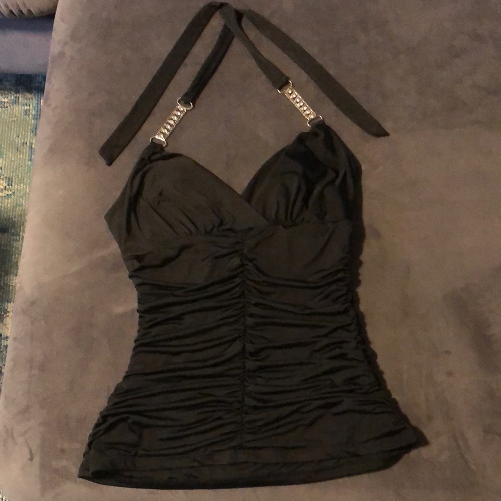 Black halter neck top with chain detail straps and ruching down sides and front